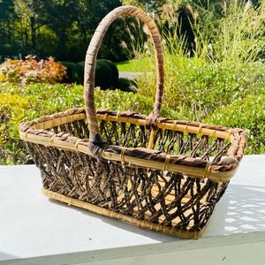 Vintage Wicker Rectangular Boho Basket with Handle